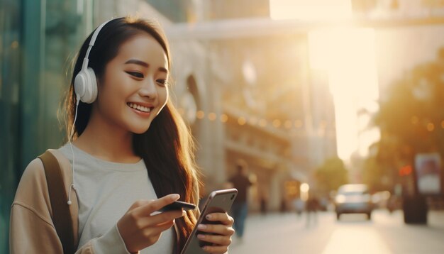 joven asiática feliz con auriculares en la mano