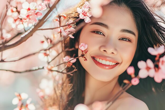 Una joven asiática feliz en flor de cerezo