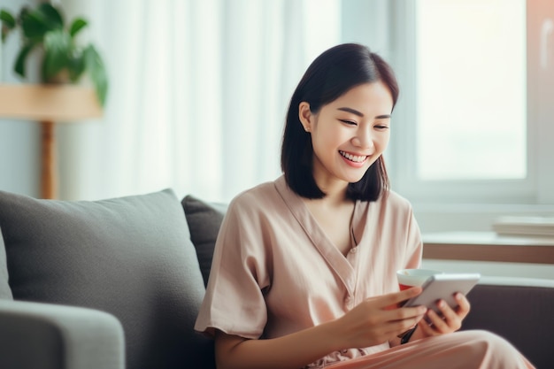 Una joven asiática feliz se relaja en un cómodo sofá en casa enviando mensajes de texto en su teléfono inteligente una niña sonriente usa el teléfono celular hablando en línea mensajería compras en línea desde casa