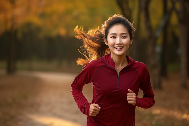 Joven asiática feliz y sana corriendo y corriendo
