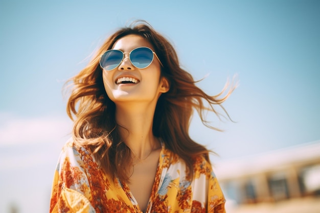 una joven asiática con gafas de sol disfrutando de las vacaciones de verano