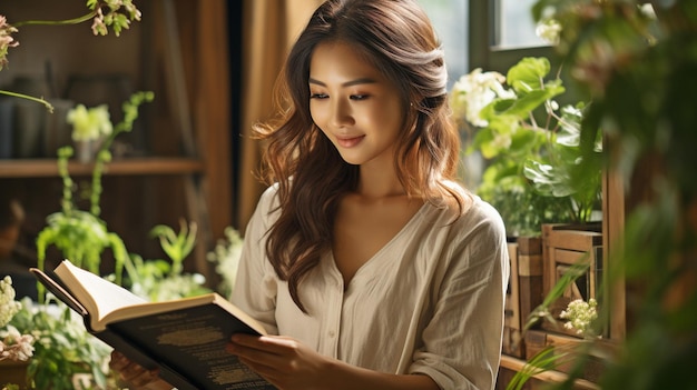 Una joven asiática impresionante leyendo en el balcón.