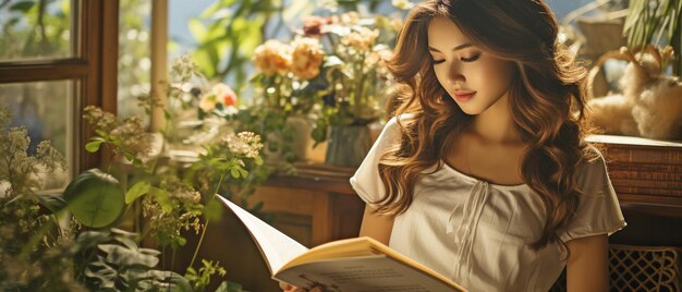 Una joven asiática impresionante leyendo en el balcón.