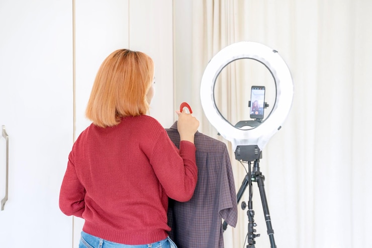 Foto joven asiática influyente en las redes sociales transmitiendo en vivo vendiendo ropa masculina en línea con un teléfono inteligente