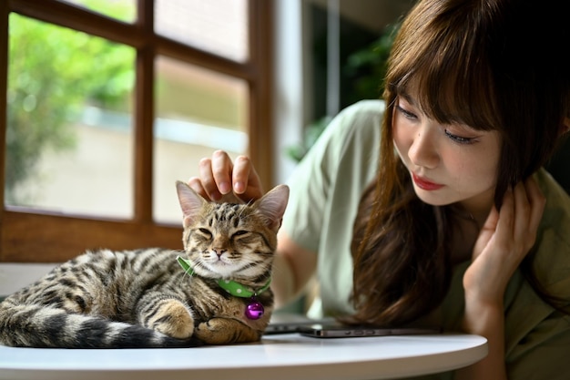 Una joven asiática jugando con su lindo y adorable gato atigrado en casa