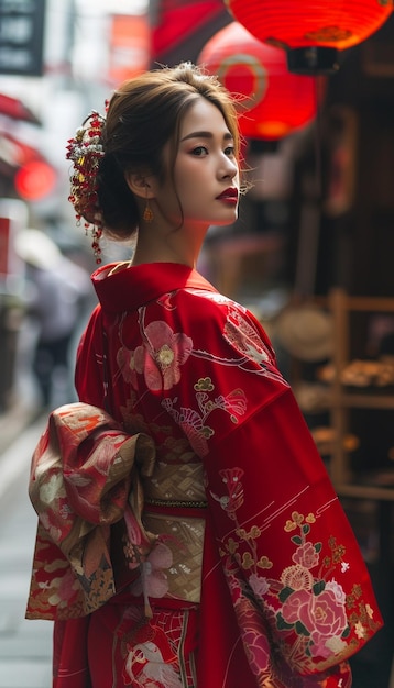 Foto una joven asiática con kimono, ropa tradicional japonesa.