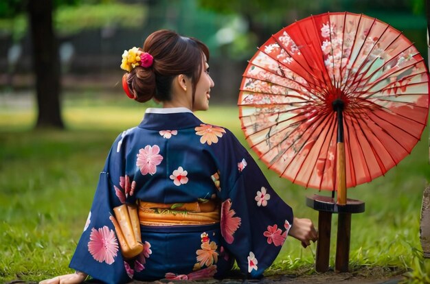 Foto una joven asiática con kimono.