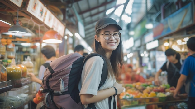 Foto joven asiática linda gafas chica estilo hipster viajero mochila solo local de viaje