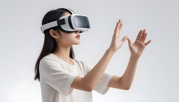 Una joven asiática mirando VR y tocando con la mano el aire sobre un fondo blanco