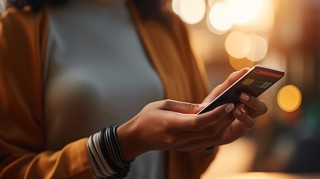 Foto joven asiática pagando con tarjeta de crédito con un teléfono inteligente y una aplicación de compras