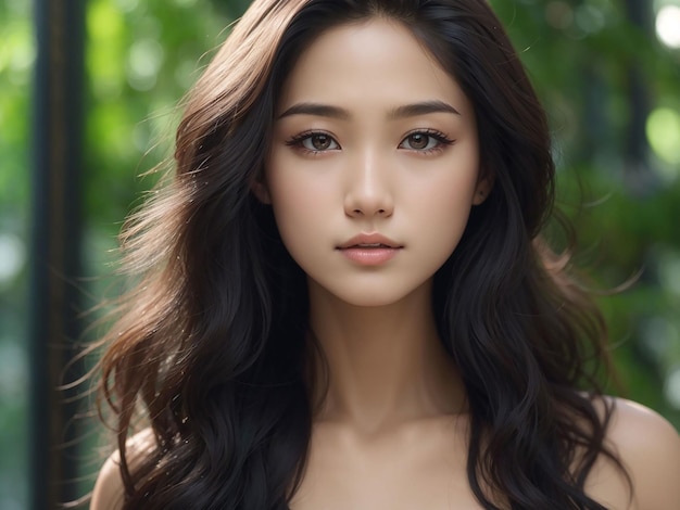 Una joven asiática de pelo largo con maquillaje natural en la cara tiene labios regordetes y piel limpia y fresca