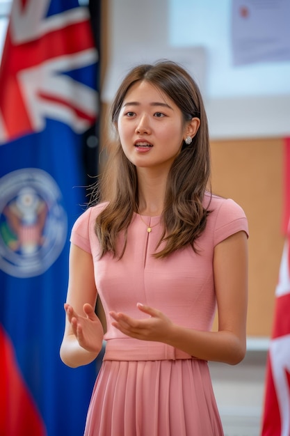Una joven asiática pronuncia un discurso con banderas nacionales en el fondo en un evento oficial