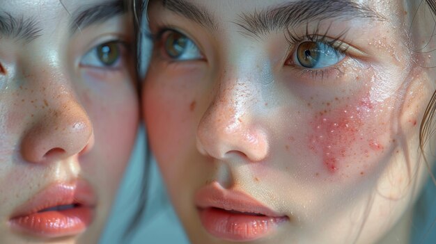 Una joven asiática en la pubertad se mira en el espejo presentando una reacción alérgica a los cosméticos presentando una mancha roja en la cara tratamiento de belleza por medios médicos para problemas de piel