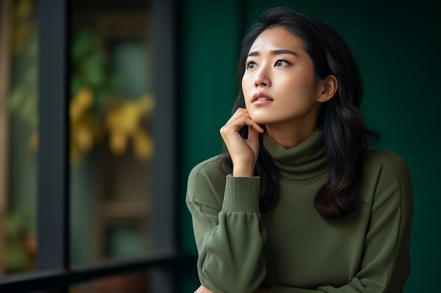 Una joven asiática reflexiva que está considerando una decisión