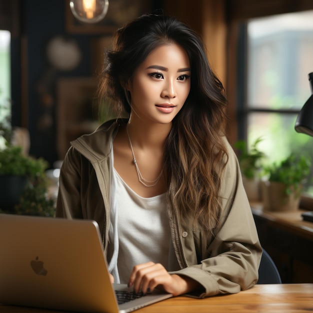 Joven asiática sentada en casa con una computadora portátil, una chica navegando por sitios web o estudiando