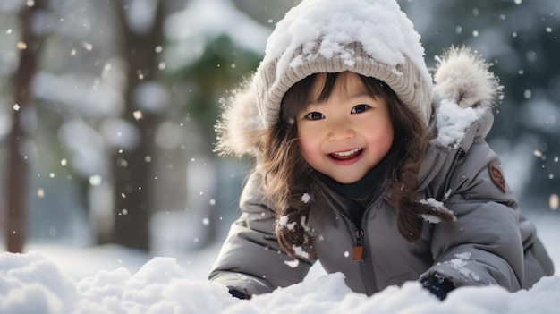 Una joven asiática con sombrero y abrigo está de rodillas y jugando en la nieve