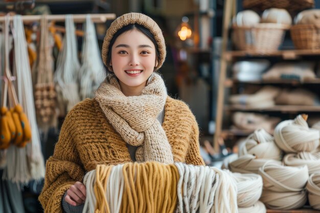 Una joven asiática sonriendo con ropa cálida en una tienda de hilos en medio de pieles de lana