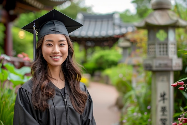 Una joven asiática sonriente con gorra de graduación y vestido posando en un jardín tradicional