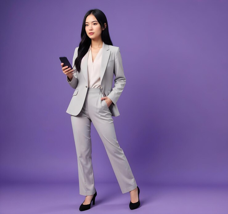Una joven asiática con un traje de pantalones gris claro y sosteniendo un teléfono inteligente