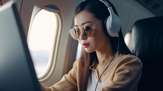 Joven asiática usando audífonos y usando una computadora portátil en primera clase en un avión durante el vuelo IA generativa