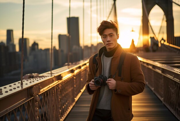 Foto joven asiático atractivo con una cámara en un puente con el sol poniéndose detrás de él