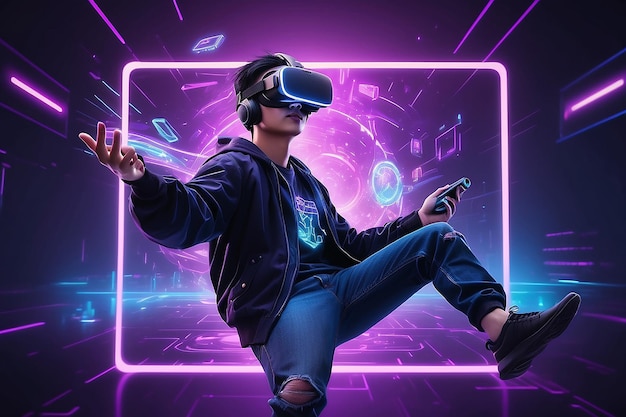 Un joven asiático con auriculares de realidad virtual disfruta jugando videojuegos y levitando en el aire sobre un fondo futurista de luz de neón ciberpunk púrpura concepto de tecnología Metaverse