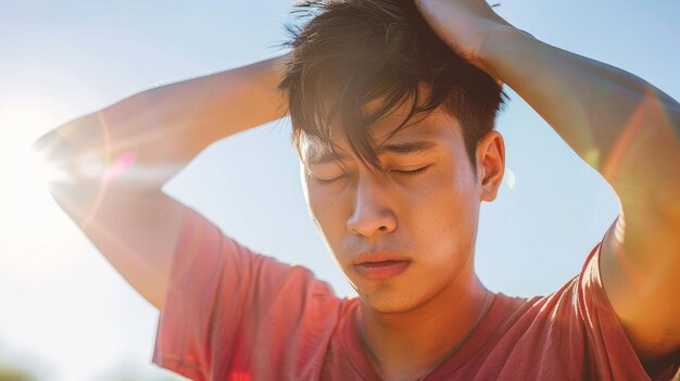 joven asiático con camiseta sintiendo el clima caluroso