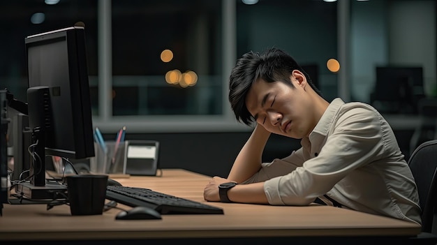 Un joven asiático cansado, oficial de personal, que usa una computadora de escritorio y tiene un proyecto de exceso de trabajo durante la noche en la oficina, un hombre de negocios exhausto e infeliz que se siente somnoliento después de trabajar duro horas extras por la noche