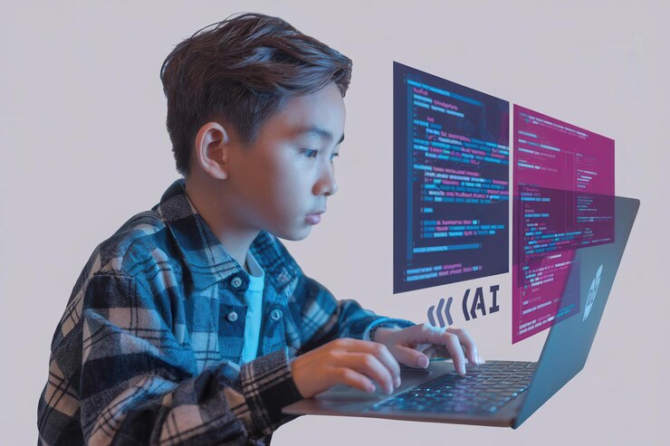 Foto un joven asiático codifica una computadora portátil de ia de estilo moderno que promueve la educación stem para niños