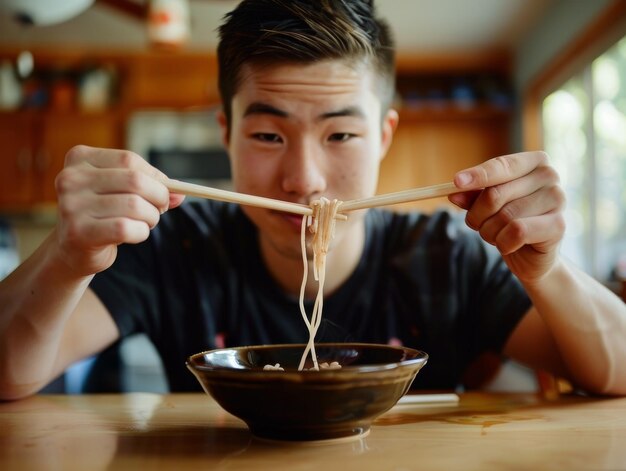 Foto un joven asiático comiendo fideos shirataki con palillos en un restaurante