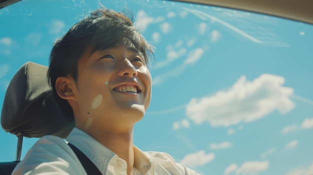 Un joven asiático conduce un coche en un día despejado con un hermoso cielo azul sonriendo conduciendo para viajar en coche metiendo su cabeza por el parabrisas