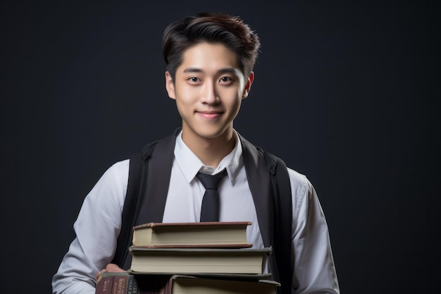 Foto joven asiático confiado sonriendo vestido con una camisa blanca con corbata y tirantes sosteniendo una pila de libros retrato de estudio con fondo oscuro