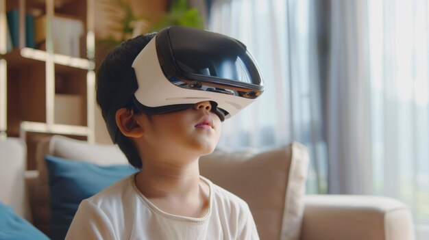 Joven asiático estudiando con gafas de realidad virtual en casa IA generativa