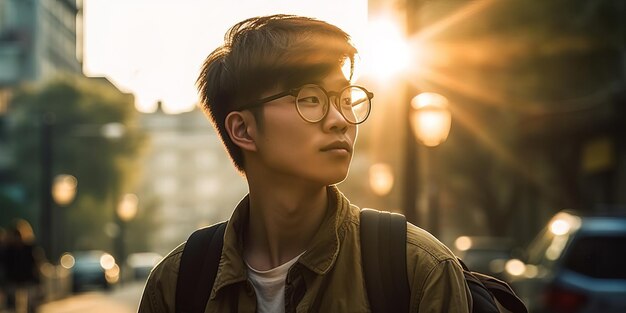 Un joven asiático con gafas y una mochila en las calles de una gran ciudad moderna Generación AI