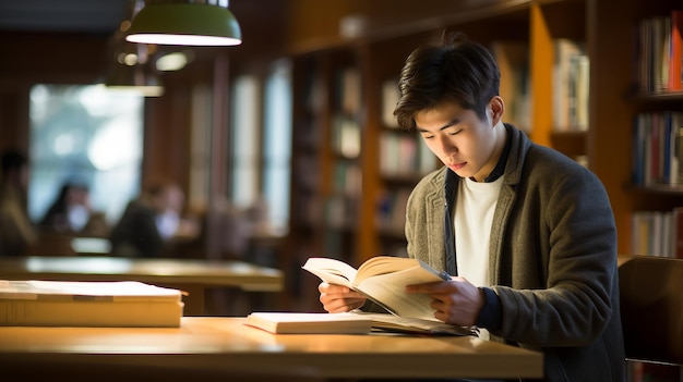 Joven asiático leyendo un libro en la biblioteca