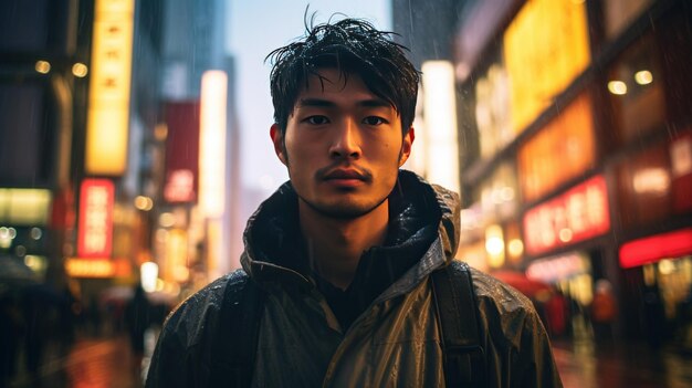 Foto un joven asiático está mirando a la cámara en una noche lluviosa