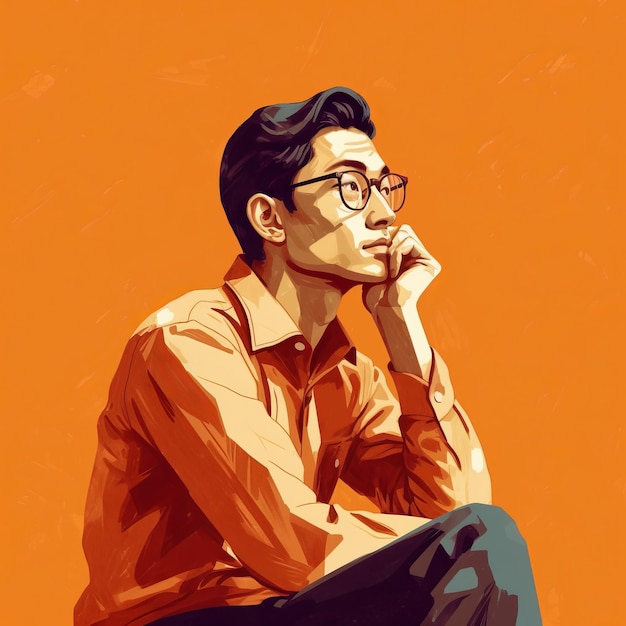 Joven asiático en el pensamiento y las dudas ilustración personaje hipster masculino con cara soñadora en fondo abstracto Ai generó un cartel de colores dibujados brillantes