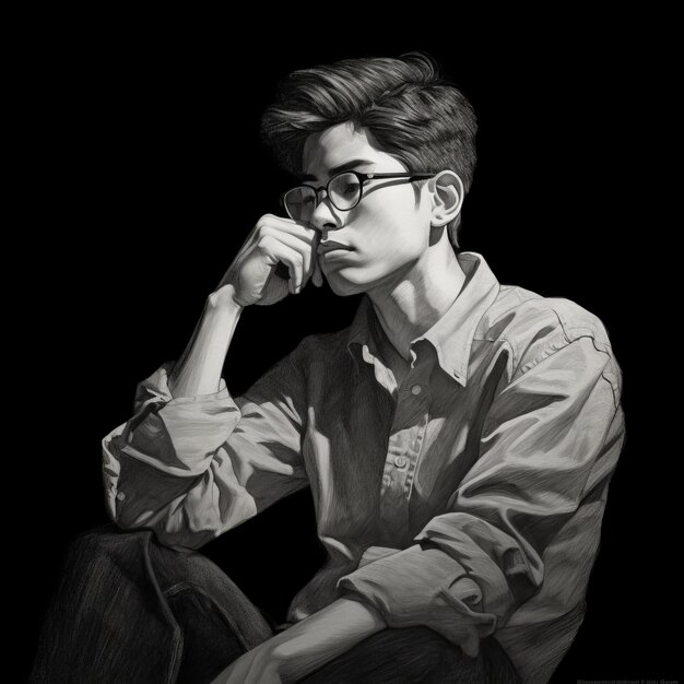 Joven asiático pensando y dudando ilustración en blanco y negro Personaje hipster masculino con cara soñadora sobre fondo abstracto Ai generó cartel colorido dibujado monocromo