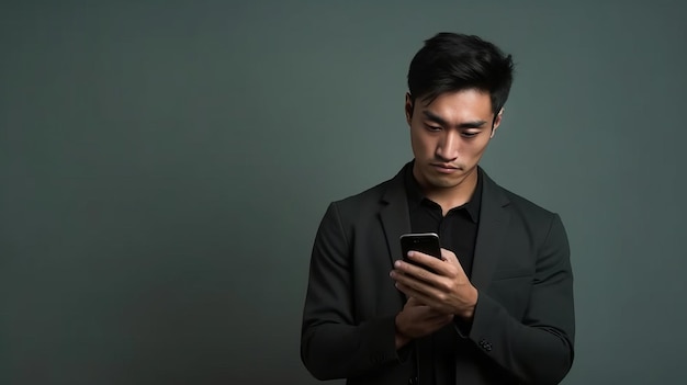 Un joven asiático pensativo con un teléfono inteligente de fondo gris