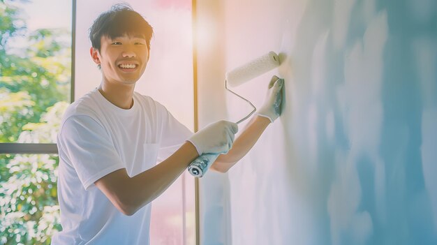 Un joven asiático pinta la pared con un rodillo de pintura en casa.