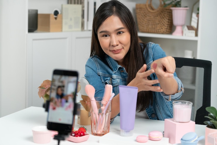 Foto joven asiático revisando maquillaje cosmético y lápiz labial en las redes sociales stratagem
