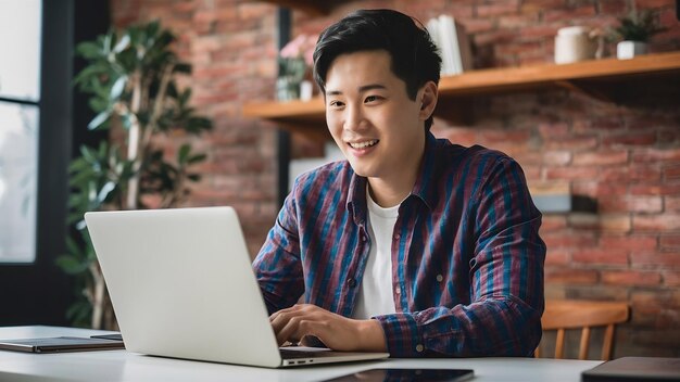 Un joven asiático sentado y usando una computadora portátil sobre un fondo blanco