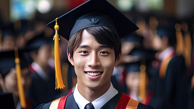 Joven asiático sonriente graduado contra el fondo de los graduados universitarios