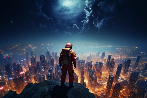 Joven astronauta mirando a la ciudad desde el espacio