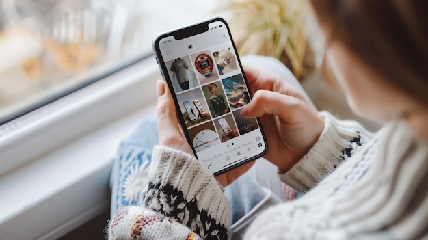 Una joven atenciosa sentada junto a la ventana navegando por su feed de Instagram y gustándole las fotos que le gustan
