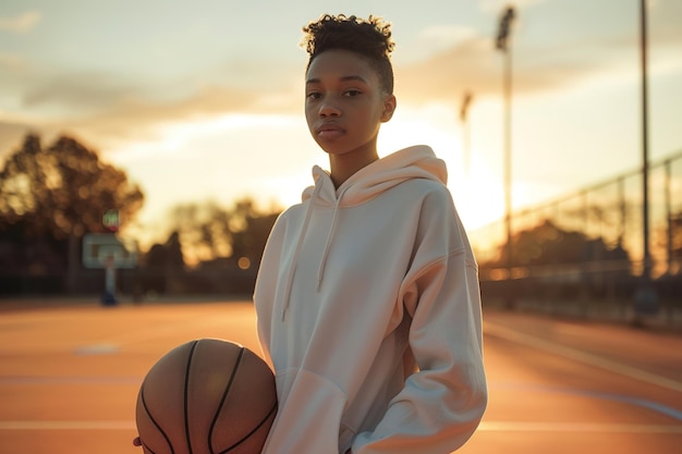 Joven atleta con baloncesto en la cancha al atardecer