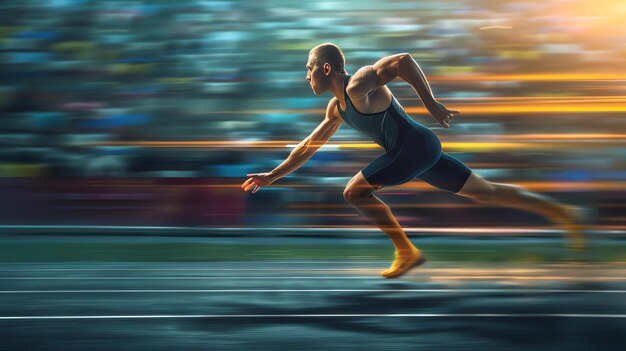 Foto un joven atleta está corriendo una carrera en un estadio con una multitud de personas alentándolo está a la cabeza y parece decidido a ganar