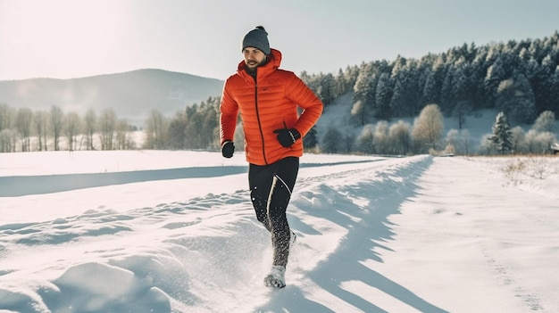 Joven atleta corriendo sobre la nieve usando IA generativa