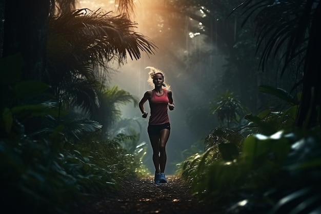 Joven atleta de fitness, corredora de senderos, corriendo en el parque del bosque tropical por la noche.