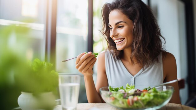 Una joven atlética come una ensalada en su plato mientras desayuna